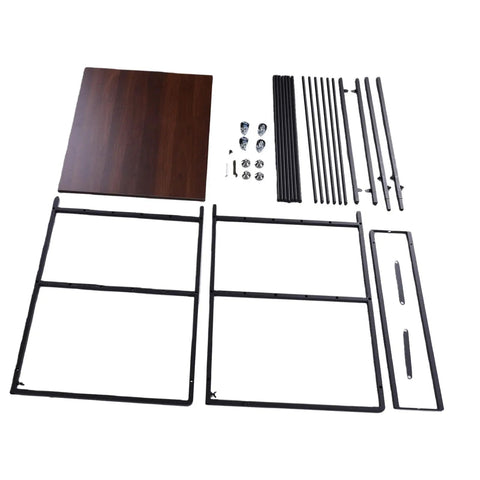Heavy Duty 3D Printer Rolling Workbench Featuring Hella Sturdy Beech Wood Surface And Slick Locking Casters With Removable Top For Mobile Filament Storage Rack And Garage Setup assembly parts laid out on a white background.