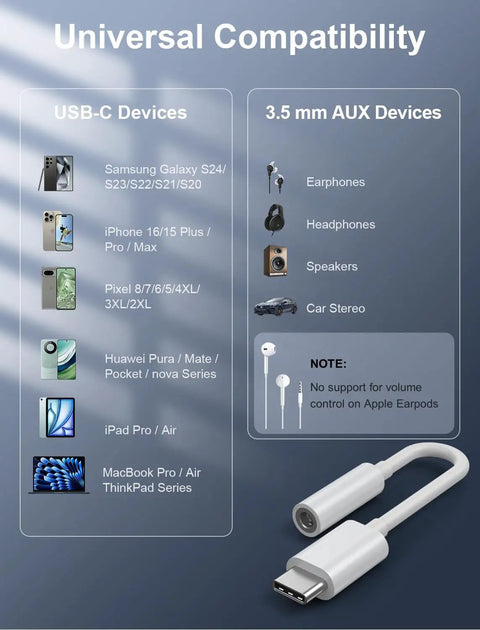 Premium Usb C To 3.5Mm Audio Adapter With Smart Dac Chip serving crisp beats and punchy low end shown with device compatibility list.