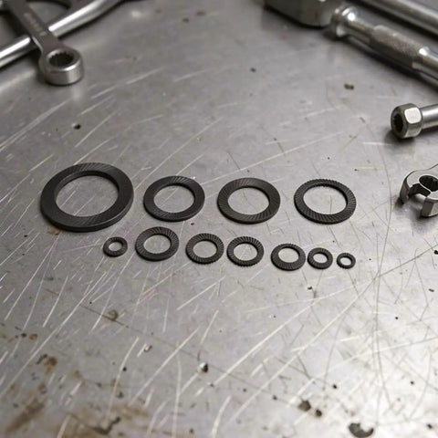 72 Piece Set Double Tooth Lock Washers Black Ironclad Grip 65mn Steel Self Locking Wedge Hardware arranged on a metal surface.