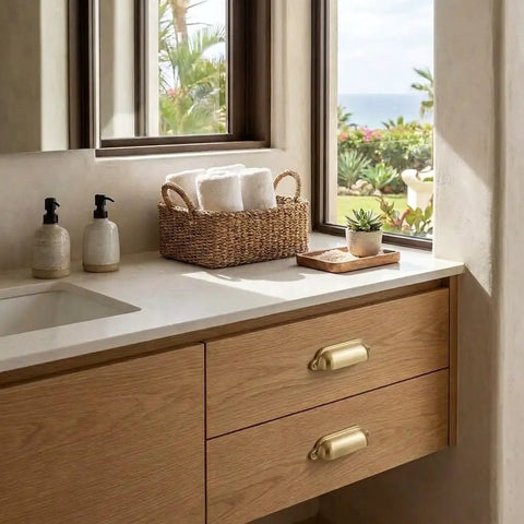 Ten Pack Gold Cup Pulls Three Inch Center To Center Cabinet And Drawer Handles For Kitchen Hardware featuring brushed gold cup pulls on oak drawer.