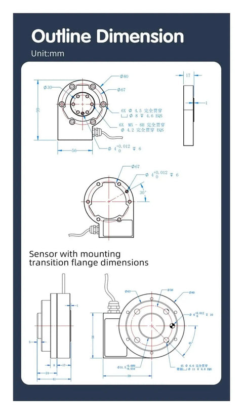 Outline dimension diagram of Six Axis Multi Axis Sensor And Three Axis Load Cell With Torque Range 200N To 5N.M.