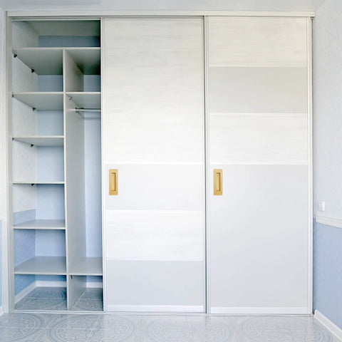 6 Inch Recessed Finger Flush Door Pulls For Pocket And Sliding Barn Doors In Brushed Gold Stainless Steel installed on white sliding closet doors