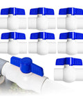Heavy Duty 1/2 Inch PVC Ball Valve Sch40 Socket To Socket Shut Off Valve For Plumbing Irrigation Pool Spa With Blue Handle And Built Tough Zero Drip Seal Pack Of 5 arranged in a group.