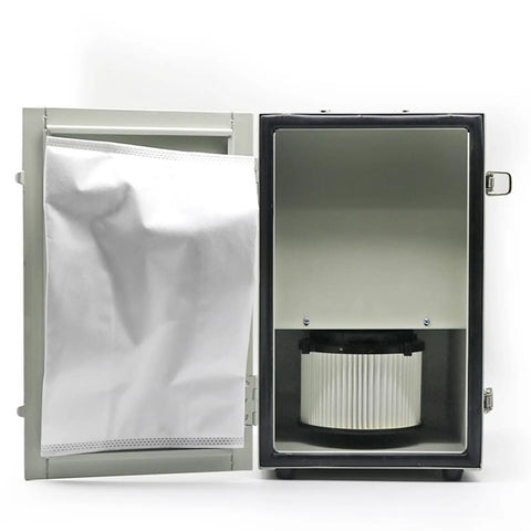 Heavy Duty Lab Vacuum Dust Extractor Boasting A Badass 550W Double Impeller Motor And Digital Display with white dust bag.