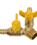 Hardened Brass Three Way Ball Valve With Dual Handles, Y Pattern body for gas, quick connect with durable yellow knobs