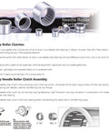 Real Tight Five Piece One Way Needle Roller Clutch And Drawn Cup Bearing Set showing various sizes and steel construction details.