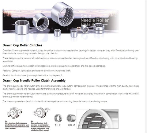 Real Tight Five Piece One Way Needle Roller Clutch And Drawn Cup Bearing Set showing various sizes and steel construction details.