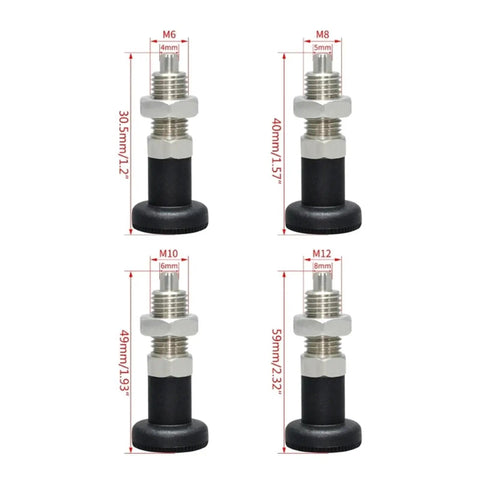 Badass Stainless Steel Self Locking Knob Plunger With Rad Spring Return Design Straight Up Durable Fine Thread Screw For Precise Positioning Fixing And Locking Applications M12 Size shown with dimensions.