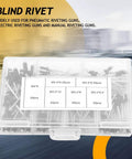 Pro Grade Aluminum Blind Rivet Kit With Storage Case 120 Pieces In Six Sizes visible with labeled compartments
