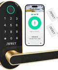 Slick Built In Wifi Smart Door Lock With Handle And Keypad showing keypad and mobile app for remote access.