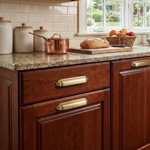 Ten Pack Gold Cup Pulls Three Inch Center To Center Cabinet And Drawer Handles For Kitchen Hardware featuring bronze finish on wooden cabinets.