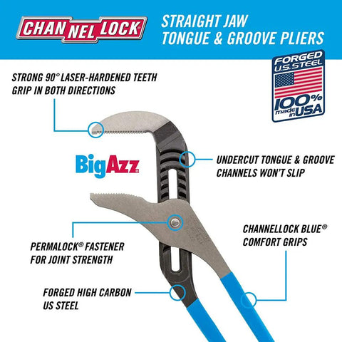 Tongue And Groove Pliers 480 BIGAZZ Straight Jaw With 90 Degree Teeth Forged Steel 20.25 Inch Length 5.5 Inch Jaw Beefy Grip