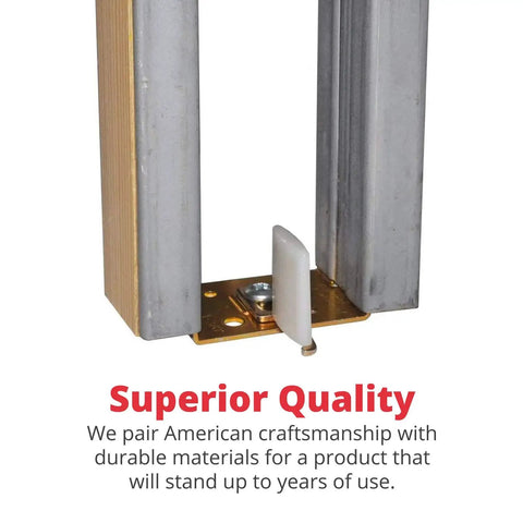 Hidden Pocket Door Guide Kit 2041PLBG With 2 Posts, brass aluminum finish, showcasing hidden guide in wood door groove, Made in USA