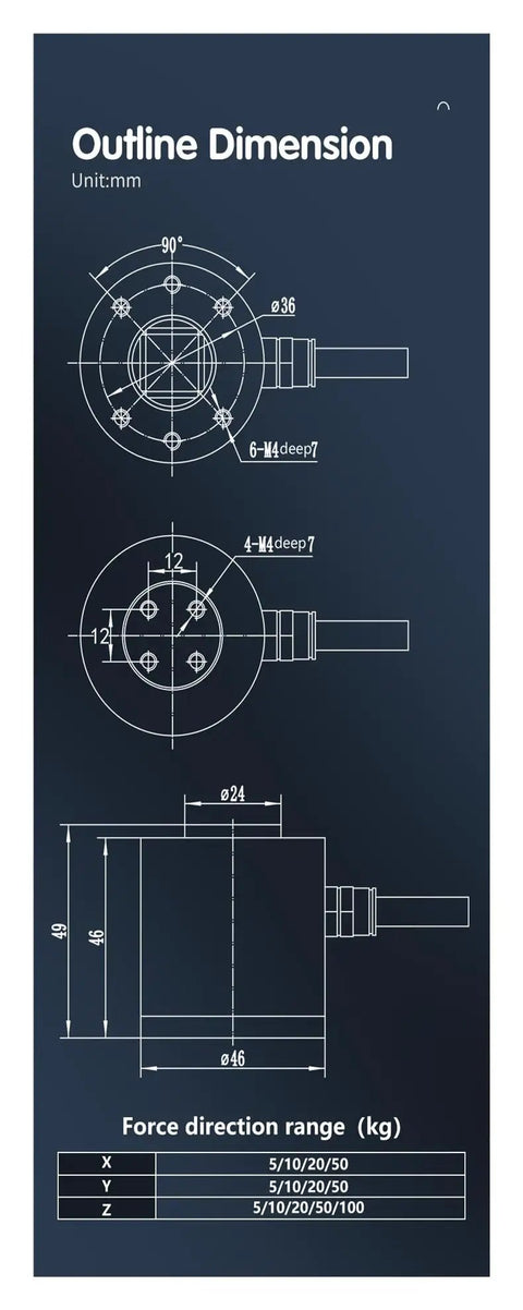 Diagram of Three Six Dimensional Multi Axis Weighing Sensor For Force And Torque Measurement 0 To 10 Kg Capacity Static Torque And Wrench Calibration Heavy Duty Compact Strain Gauge Module With Forward And Reverse Torque Sensing, showing dimensions and force direction range.