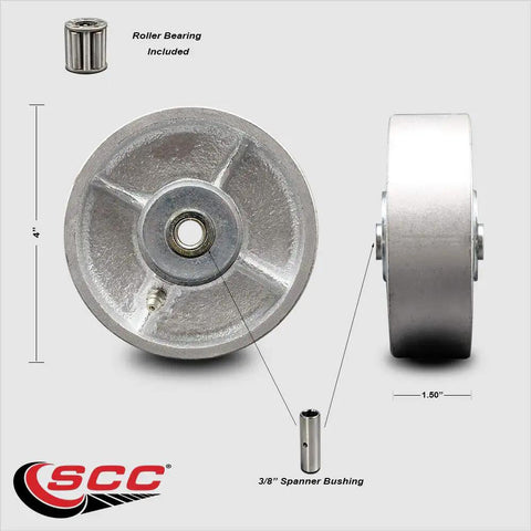 Four X One Point Five Inch Semi Steel Cast Iron Caster Wheel Featuring Roller Bearings And Three Eighth Inch Bore Rated 600 Pounds Capacity top view with roller bearing and bushing.