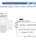 Six Pack 3 Way 1-1/2 Inch PVC Pipe Fittings Connectors Set For DIY Plumbing Projects, Durable PVC elbow fitting shown with size labels