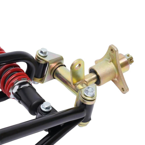 Close-up of heavy-duty front suspension swingarm assembly kit for ATV quad go kart 220mm showing upper and lower arms and shock.