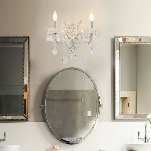 White Crystal Wall Sconce Lighting With Modern K9 Glass Crystal Drops Shade above bathroom mirror