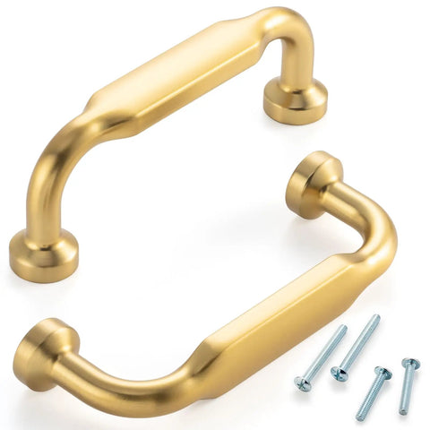 Premium Solid Metal Brushed Gold Cabinet Pulls, Heavy Duty Footed Drawer Handles with screws, sleek and durable design.