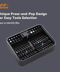 One Hundred Piece Precision Screwdriver Set With Ratchet And Magnetic Tweezers shown with organized slots and bits in case