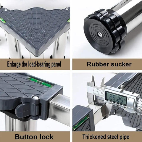 Close-up of Rock Solid Stainless Steel Washer Stand With Beefed Up Height Adjustable Riser Tray features like button lock and rubber sucker.
