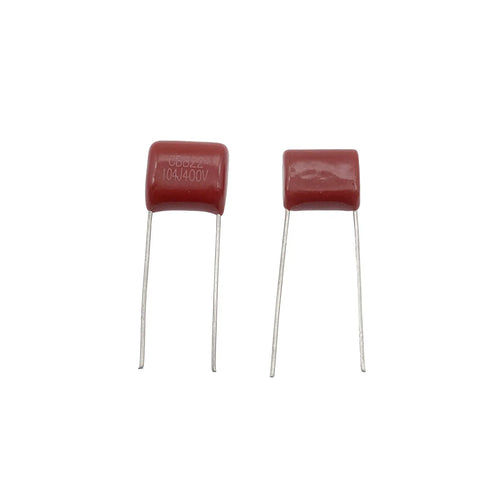 Two Heavy Duty CBB22 Capacitors, 400V 0.1 Microfarad 104J, red metallized polypropylene film, used for circuit builds.
