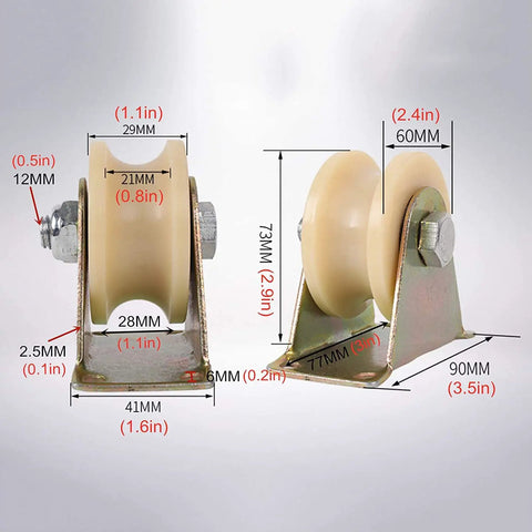 Heavy Duty U Track Swivel Caster With Precision Dual Bearing Nylon Wheel, 2.4in wheel diameter, for sliding doors and gates.