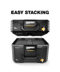 StackTech XL Tool Box Organizer With Locking System And Removable Tray Heavy Duty Tool Storage For Garage Or Job Site shown stacked