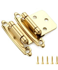 Heavy Duty Gold Overlay Cabinet Hinges 1/2 Inch Face Frame Model With Quiet Cushion Bumpers And Rust Proof Screws closeup view with screws.