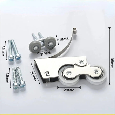 Rock Solid Heavy Duty Double Wheel Casters Four Pack Ultra Quiet Polyurethane Rollers For Effortless Glide Sliding Doors And Closet Replacement Track Wheels With Dual Bearings Hauling Three Hundred Pounds Each with gray rollers and metal components.