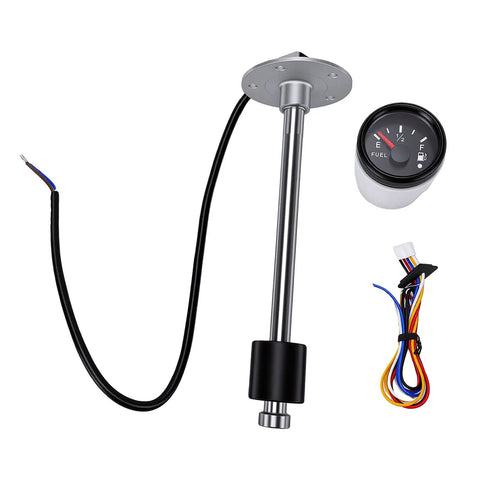 Knockout Fuel Sender Gauge Kit With Splash Proof Stainless Steel Sensor And Slick Seven Color Digital Display showing sender rod and gauge.