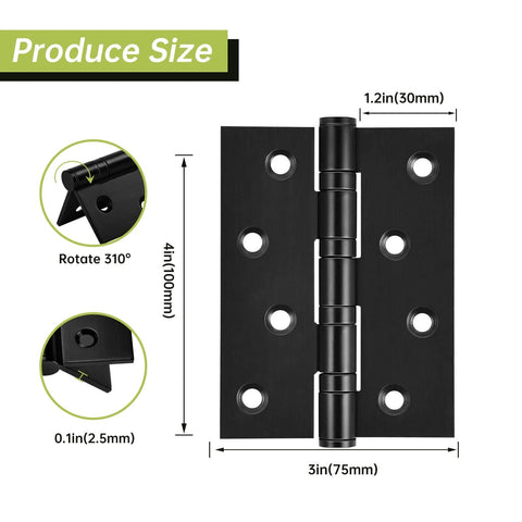 6 Pack Matte Black 4 Inch Stainless Steel Door Hinges With Ball Bearing, heavy duty hinge size specifications