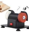 Heavy Duty Mini Bench Grinder With Dual Grinding Wheels For Precise Tool Sharpening And Burr Removal Electric Tabletop Machine on black base with wooden planks.