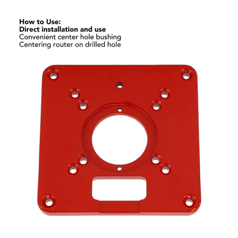 Boss Level Red Aluminum Alloy Router Table Insert Plate With Sweet Slick Surface And Dead Eye Alignment Scale Markings Plus Heavy Duty Guide Rings For Easy Woodworking Bench Upgrades, showing installation holes and center bushing.
