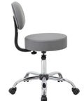 Side view of Be Well Medical Spa Style Adjustable Drafting Stool With Back Support, chrome base, grey seat and backrest.