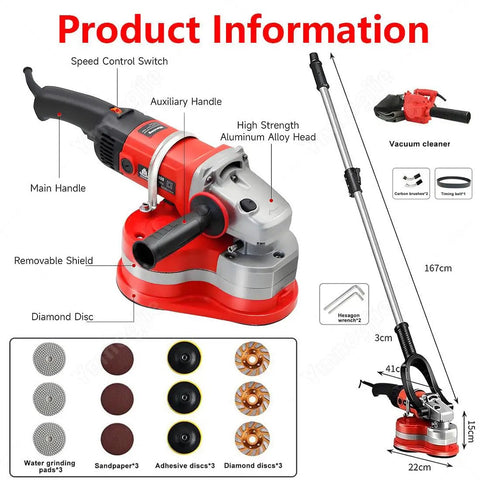 Heavy Duty Tri Head Angle Grinder With 2800W Pure Copper Motor Eight Inch Floor Polisher and Wall Sander Set with diamond discs and auxiliary handle.