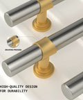Solid Cabinet Pulls And Drawer Handles 10 Pack Featuring Smooth Brushed Nickel Finish With Straight Up Gold Accents close-up of sturdy pulls showing design details.