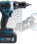 Heavy Duty Cordless Electric Rivet Nut Gun 26V Rechargeable Handheld Power Tool With Two 2200 Mah Batteries features side view and metal sheet.