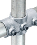 Two Pack Two Socket Cross Pipe Fittings For One And A Quarter Inch Nominal Steel Pipe Three Sixteenth Inch Thick Malleable Iron With Hot Dip Galvanized Finish Fits About 1.66 Inch Outer Diameter Durable For Rails Racks Fencing Awnings Docks installed on pipe