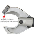 Close-up of battery powered hydraulic cable cutter for up to 105mm copper and aluminum cable with guide block design.