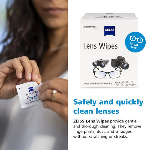 ZEISS Lens Wipes packet held by hand beside the box; 200-count pre-moistened lens cleaning wipes.