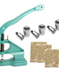 Heavy Duty Hand Grommet Press Kit with three die sets, a green press tool, and 1500 golden eyelets for crafts