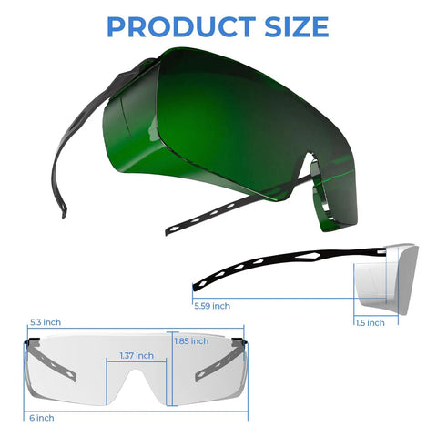 Kickass Laser Safety Glasses With OD4 Plus Protection For 180nm To 660nm Wavelengths showing size dimensions and design details.