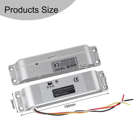 Heavy Duty Stainless Steel Electric Drop Bolt Lock With Adjustable Zero To Six Second Delay For Daily Entry Doors showing product dimensions and connections.