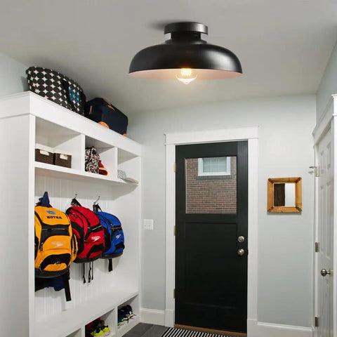 12 Inch Industrial Ceiling Light Fixture Black Metal Barn Style Semi Flush Mount in a hallway with backpacks