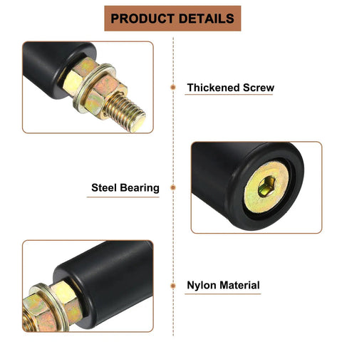 Heavy Duty 4 Pack Black Nylon Guide Rollers For Sliding Gates And Electric Doors Slick Bearing Support Wheels detailed view showing thickened screw and steel bearing.