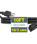 Heavy Duty Outdoor Extension Cord Waterproof 10 Feet Black 3 Prong Grounded Plug 16 Awg 13 Amp Weather Proof Power Cable For Lawn Yard Tools Lamps And Home Appliances Built Like A Tank, showing 10FT black cord and connectors.
