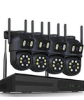 Legit 8 Channel 4K 8MP WiFi PTZ Security Camera Kit With Wireless Outdoor Night Vision Auto Tracking And Motion Detection, four black cameras with antennas.