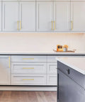 Ten Pack Slick Brushed Gold Cabinet Pulls With No Stress Install And Heavy Duty Hardware For Kitchen Drawers And Cupboards In A Fresh Nine Inch Cut on modern white cabinets.
