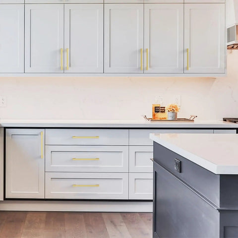 Ten Pack Slick Brushed Gold Cabinet Pulls With No Stress Install And Heavy Duty Hardware For Kitchen Drawers And Cupboards In A Fresh Nine Inch Cut on modern white cabinets.